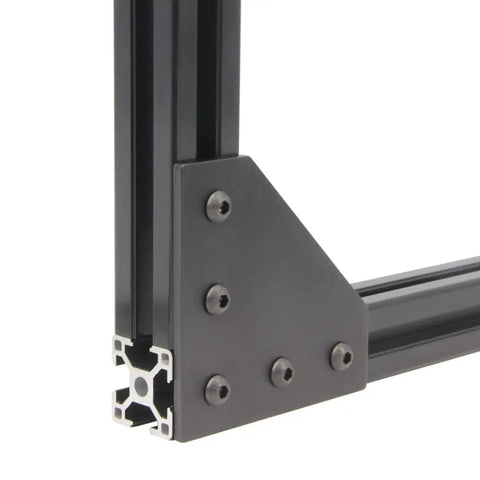 Beefy 90 Degree L Shape Corner Bracket Plate Set for 3030 Aluminum Extrusion with 5 holes, installed view with M6 screws, black finish