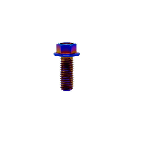 Titanium flanged hex head bolt, burnt blue finish, M6x1.0x13mm.