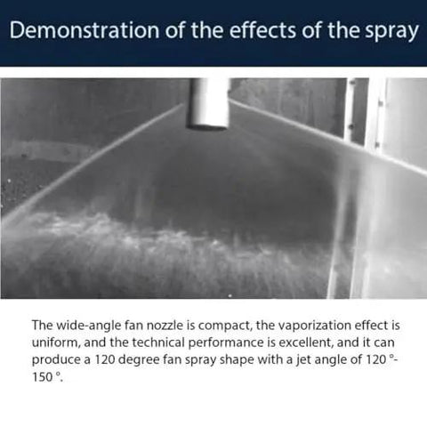Demonstration of Shop Grade Heavy Duty 304 Stainless Steel Wide Angle Fan Nozzle 1 4 Inch External Thread for tough cooling spray.