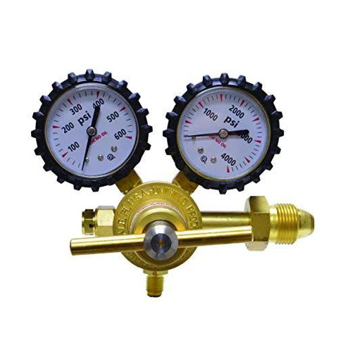 Uniweld nitrogen regulator with dual gauges, brass body, CGA580 inlet, 1/4-inch male flare outlet