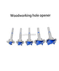Five Forstner drill bits in a steel 5-piece set with blue accents for woodworking.