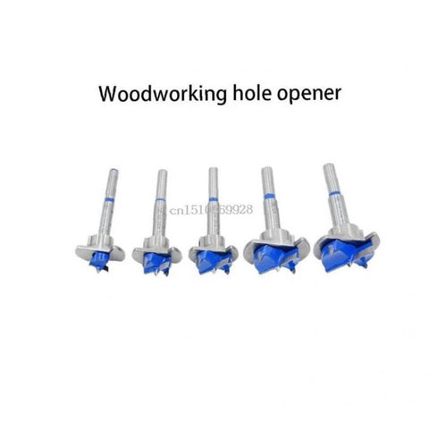 Five Forstner drill bits in a steel 5-piece set with blue accents for woodworking.