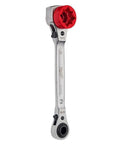Professional Five In One Ratcheting Lineman Wrench Featuring A Solid Milled Strike Head And Crisp Drive Gear Built Like A Beast To Kill Stubborn Bolts On Any Job Site. Silver milled metal handle, ergonomic grip, red striking head.