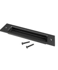 8 Inch Flat Black Barn Door Finger Pull Handle Sliding Door Hardware Solid Heavy Duty Recessed Door Handle For Barn Doors Cabinets And Furniture Flush Mount Look Rust Resistant Carbon Steel front view with screws