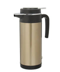 Boss 12V Car Truck Electric Heating Kettle Vacuum Stainless Steel Coffee Pot Water Heater Flask with black lid and handle.