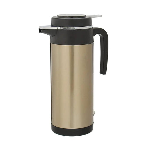 Boss 12V Car Truck Electric Heating Kettle Vacuum Stainless Steel Coffee Pot Water Heater Flask with black lid and handle.