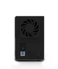 Back view of Rock Solid Dual Bay 3.5 Inch HDD Enclosure featuring USB 3.0 and USB 3.1 ports with cooling fan for reliable use.