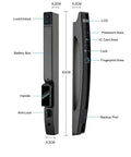 Slick Smart Lock Featuring Rapid Fingerprint Scanner Digital App Control Remote Password Plus IC Card Key Entry For Wood Or Metal Doors, side view showcasing battery box and biometric areas.