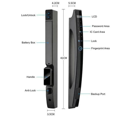 Slick Smart Lock Featuring Rapid Fingerprint Scanner Digital App Control Remote Password Plus IC Card Key Entry For Wood Or Metal Doors, side view showcasing battery box and biometric areas.
