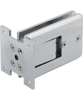 Top Shelf Polished Chrome Glass Door Hinge With Reliable Self Centering Design, close-up view showcasing stainless steel pins.