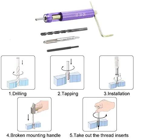 Image showing a 50 Piece M10-24 x 1.5D Thread Repair Insert Kit For Aluminum And Lightweight Metals with installation steps.