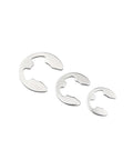 Close-up of three sizes of Twenty Piece 304 Stainless Steel E Clip Circlip Retaining Ring Set For Shaft Fasteners M1.2 To M10 M9.