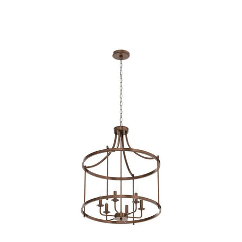 Rustic Bronze Farmhouse Six Light Drum Chandelier with metal frame, ideal for dining room, kitchen island, living room pendant lighting.