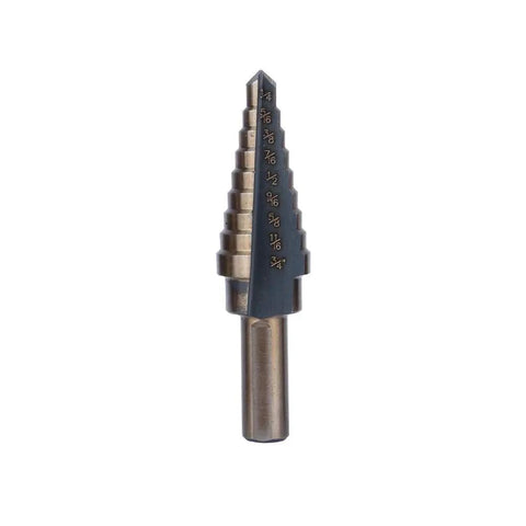 Premium Step Drill Bit Set Featuring Ti-Coated Cobalt HSS For Smooth Holes In Steel Brass And Wood With Anti Slip Hex Shank Grip And Auto Deburring Edges To Keep Your Projects Tight And Ready. Single Ti-coated step drill bit with hex shank and size markings