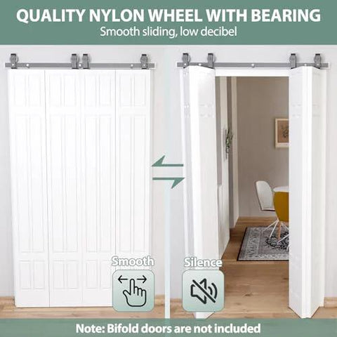 Bi-Folding Sliding Barn Door Hardware Track Kit 72 Inch For Four Doors In Black Finish, Heavy-Duty 330 Lb Capacity