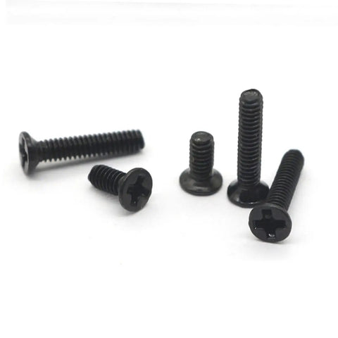 Top Tier Mini Screw Assortment Kit With 18 Assorted Sizes High Hardness Carbon Steel Black Fasteners, featuring 5 black screws.
