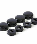 8 Pack Black License Plate Screw Caps For Cars, Trucks, And Vans, Snap On Bolt Covers in close-up view with washers
