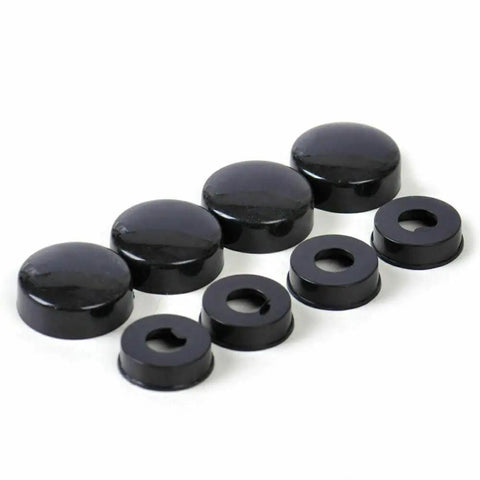 8 Pack Black License Plate Screw Caps For Cars, Trucks, And Vans, Snap On Bolt Covers in close-up view with washers