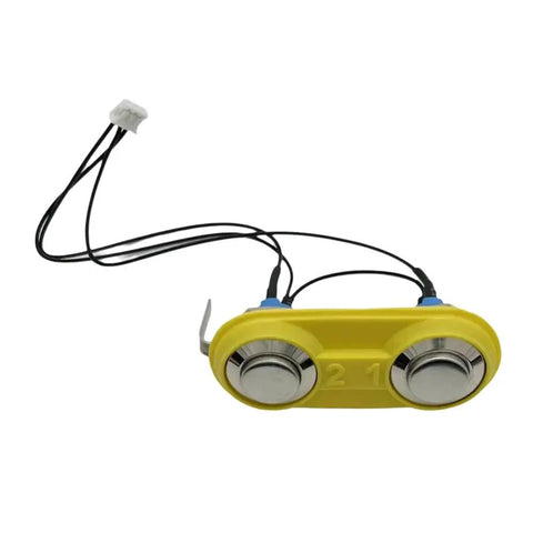 Touch Contact Switch Replacement Part P32.8150 For P328 And P329 Battery Powered Plastic Strapping Tool OEM Electrical Component Easy Install And Reliable Performance In Industrial Strapping Applications. Yellow plastic touch switch with two metal buttons and wires