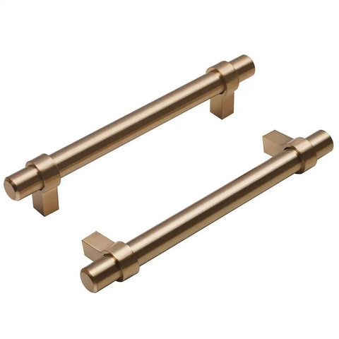 Gold Brushed Champagne Bronze Cabinet Handles Set Of Ten Five And One Sixteenth Inch Center To Center Drawer Pulls For Cabinets And Dressers Durable Zinc And Iron Hardware With Modern Chic Finish close-up