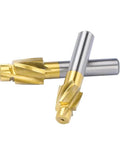 Two HSS counterbore end mills with gold flutes and silver shanks for metal milling (M4.2x7.4x6x50).