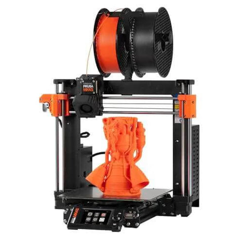MK4S 3D Printer Kit With Automatic Calibration And Removable Sheets, showing front view with printed model and filament spool