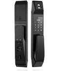 Slick Fully Automatic Smart Digital Door Lock Featuring Semiconductor Fingerprint Reader And Electronic Keypad, sleek black design.
