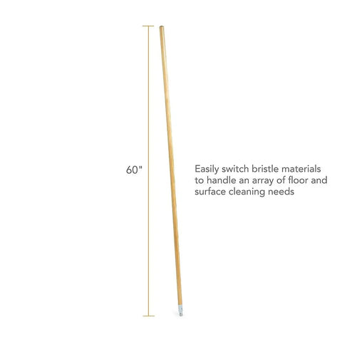 60 Inch Wood Push Broom Handle With Threaded Metal Tip For Easy Broom Head Attachment, Natural Finish, shown vertically