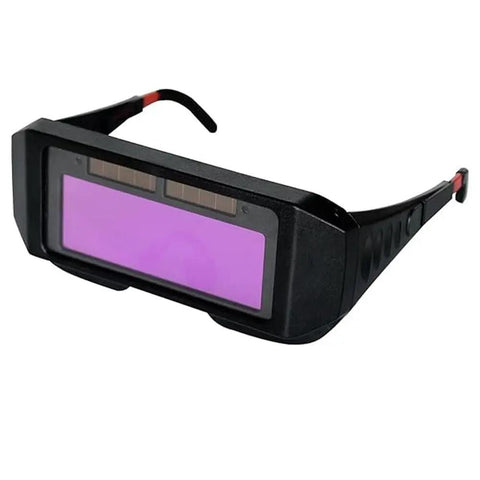 Knockout Proof 2 Pack Solar Auto Darkening Welding Goggles With Crystal Clear Lenses And Cushioned Headgear showing purple lens and solar panels.