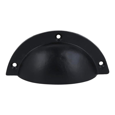 Set Of 10 Cast Iron Cup Drawer Pulls With Black Coated Finish for cabinets, shown in close-up view with 3.25-inch cup diameter.