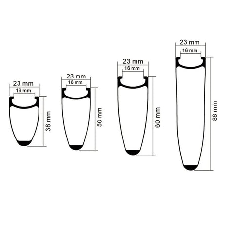 Diagram of Carbon 700c Clincher Wheelset For Road Bikes, 23mm Rim Width, Depths 38 50 60 88mm, Shimano 8 9 10 11 Compatible.