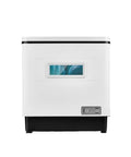 Compact Countertop Dishwasher Featuring One Touch Start Hot Water Wash And UV Dry Cycle For Slick Kitchens Plus Smooth Glide Rack Hassle-Free Tabletop Cleaner, front view with control buttons.