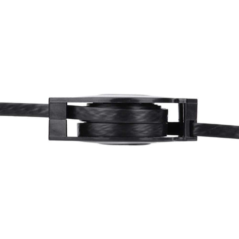 Side view of black CAT6 Ethernet Cable with retractable flat design, showcasing adjustable length in compact spool.
