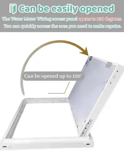 Slick Paintable Large Access Panel For Drywall Hidden Plumbing Inspection Door Aluminum Frame And Gypsum Panel flush open at 120 degrees.