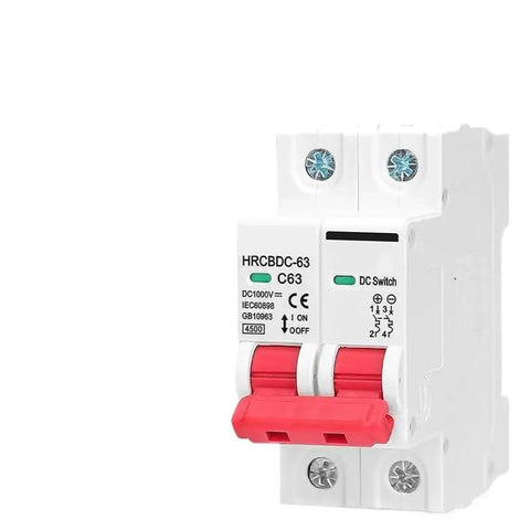 Built Like A Tank Heavy Duty Solar Circuit Breaker Tailored For Photovoltaic Systems With DC 1000 V Output And No Nonsense Overload Protection Switch Specs, side view showing red switch and labeling.