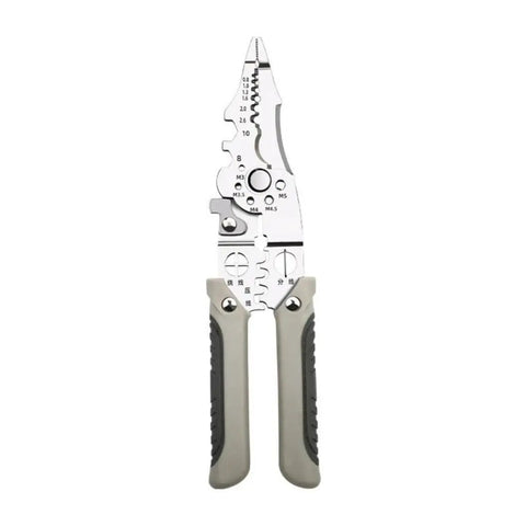 Rugged Stainless Steel Wire Stripper And Cable Cutter Pliers with gray comfort grip handles and multi function design.