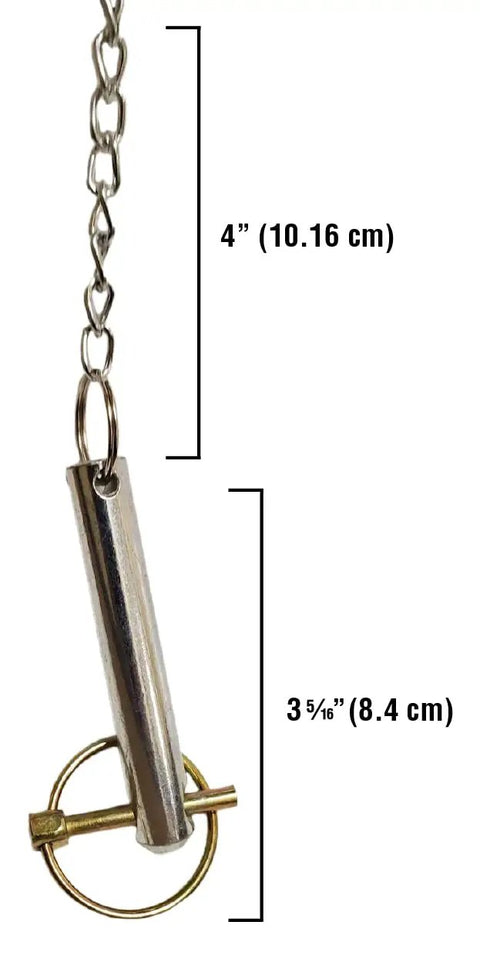 Metal chain with attached pin and ring, measuring 4 inches; dimensions labeled in image.