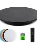 Huge Fly Rivergo Cordless Turntable For Photography 16.5 Inch with black rotating base and remote control for product display.
