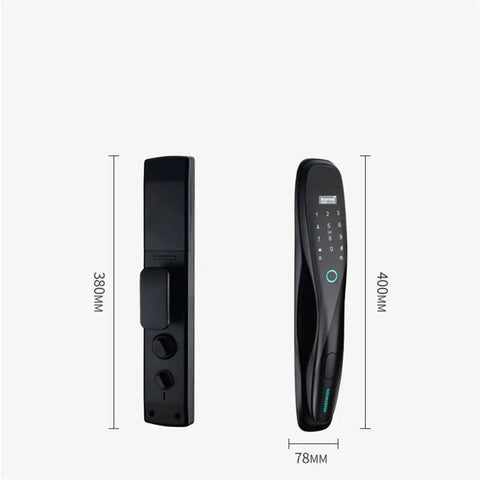 Game Changing Smart Door Lock With Biometric Fingerprint App Control Keyless Entry Security Electronic Lock side view showing dimensions and design features.