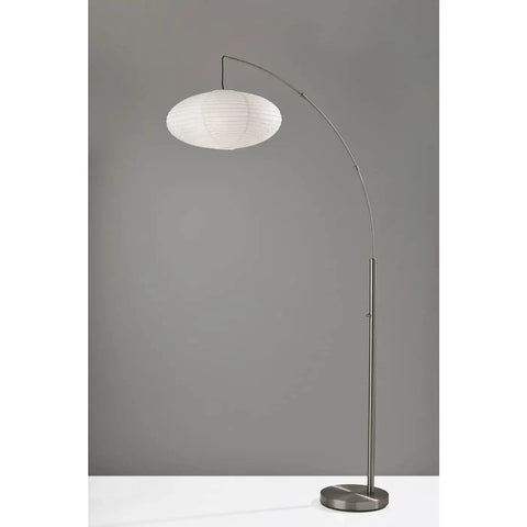 Corinne Arc Floor Lamp With White Paper Shade, Brushed Steel Finish, Tall 80 Inch Arc Light For Living Room, Modern Style