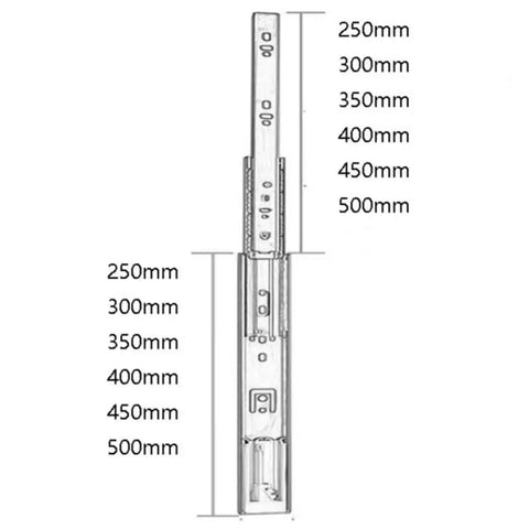 Diagram showing dimensions of Soft Close Cabinet Drawer Slides with 3 Fold Full Extension, Side Mount Track Glides, various sizes listed.