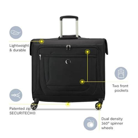 DELSEY Paris Helium DLX rolling garment bag, black, with spinner wheels and front pockets
