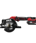 Super Compact One Handed Cordless Circular Saw Kit With Four And A Half Inch Blade Brushless Motor 20V Lithium Battery And Charger side view with blade.