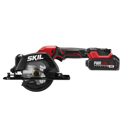 Super Compact One Handed Cordless Circular Saw Kit With Four And A Half Inch Blade Brushless Motor 20V Lithium Battery And Charger side view with blade.