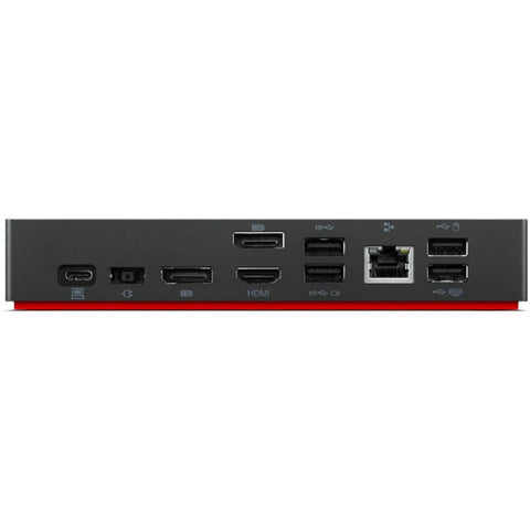 Thunderbolt 4 Workstation Dock Serving Up 230W Power And Seamless 4K Video Paired With Adjustable Monitor Stand showing multiple ports.
