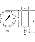 Diagram of Bottom Mount Dry Pressure Gauge With 4.5 Inch Dial Black Steel Case Chrome Bezel Brass Internals Plastic Lens
