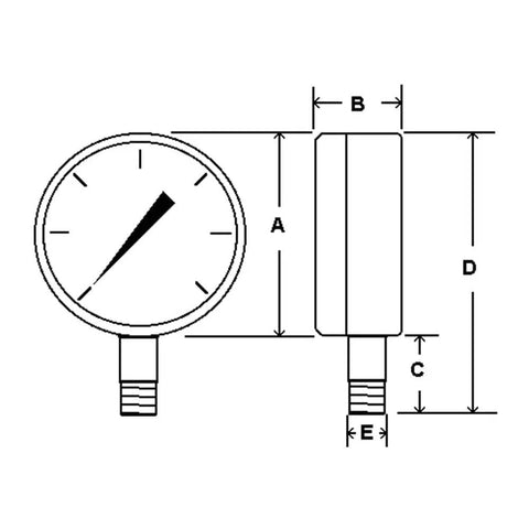 Diagram of Bottom Mount Dry Pressure Gauge With 4.5 Inch Dial Black Steel Case Chrome Bezel Brass Internals Plastic Lens