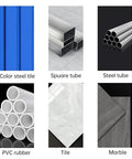 Six-item construction materials collage: blue steel tile, square tube, steel tube, PVC pipes, tile, and marble slab.