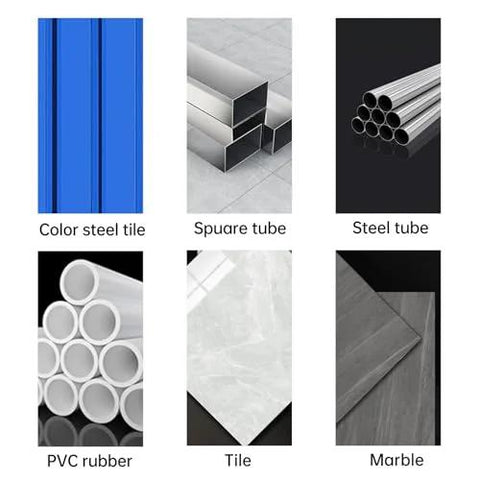 Six-item construction materials collage: blue steel tile, square tube, steel tube, PVC pipes, tile, and marble slab.
