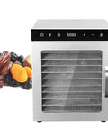 Heavy Duty Commercial Food Dehydrator With Twelve Stainless Steel Trays For Jerky And Snacks Featuring A Total No Sweat Digital Timer, silver body with dehydrated fruits.